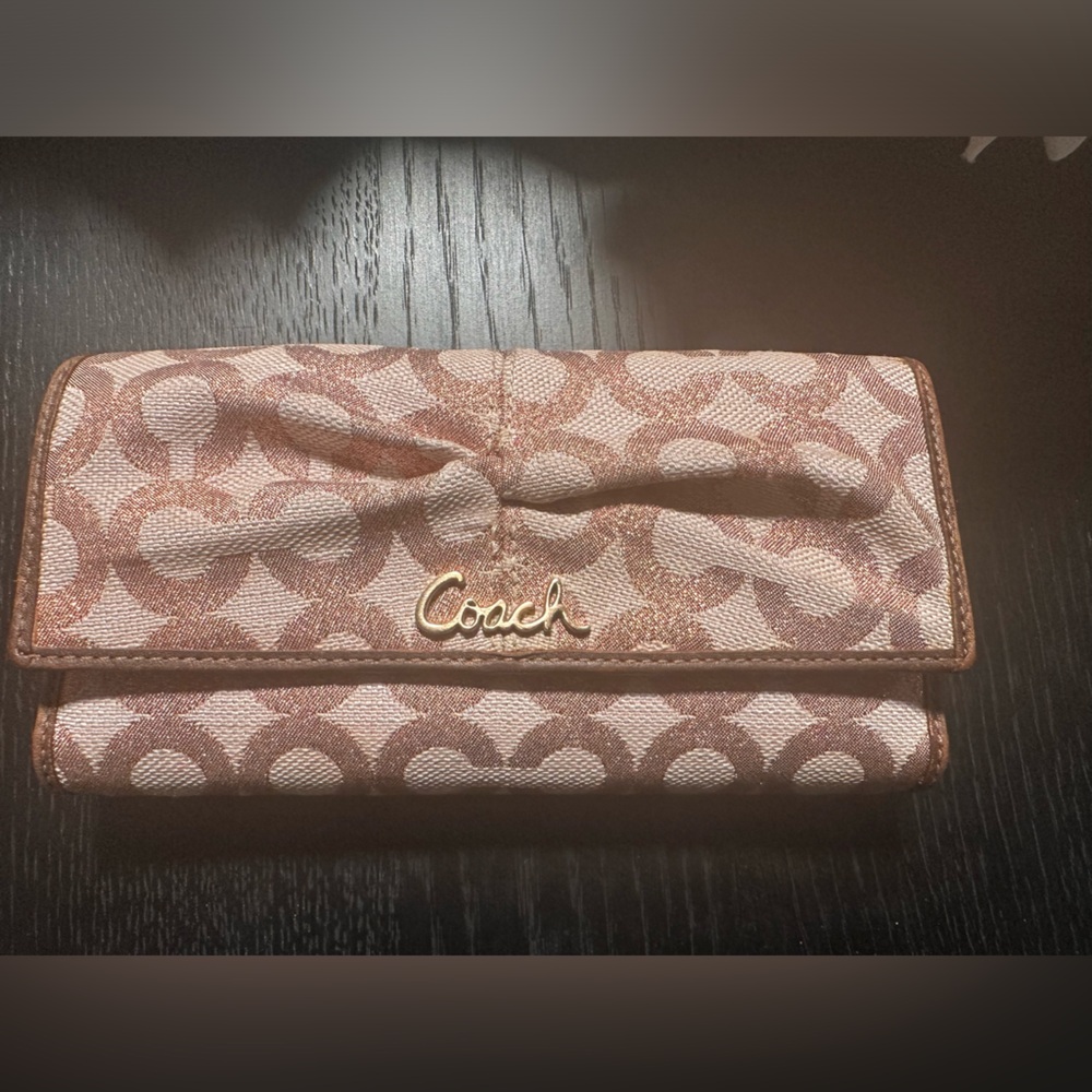 Coach Vintage Jacquard Rose Gold Metallic Logo Trifold Wallet with Insert